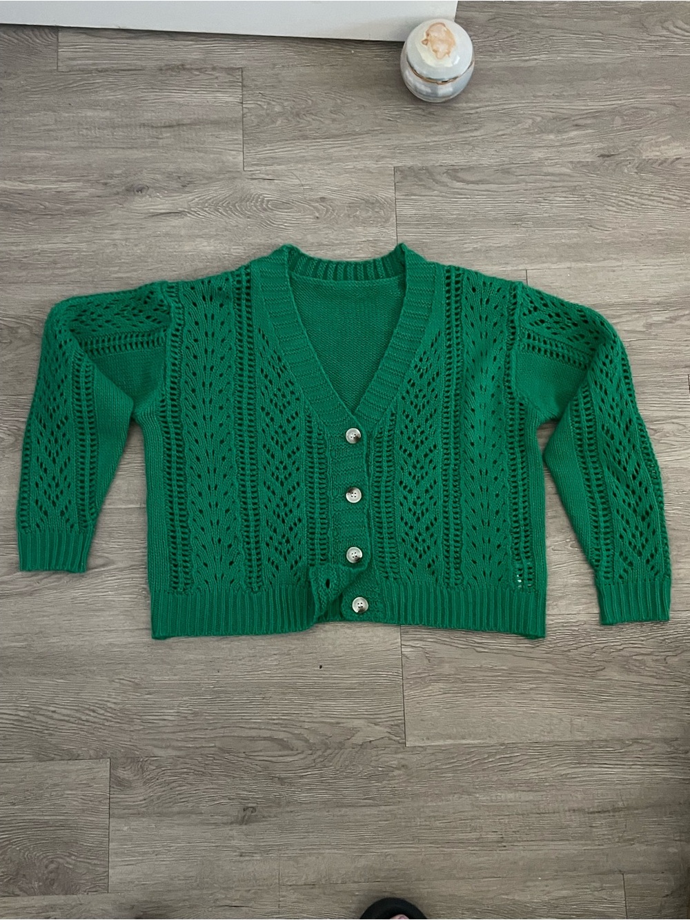Emerald Open-Knit V-Neck Button Cardigan